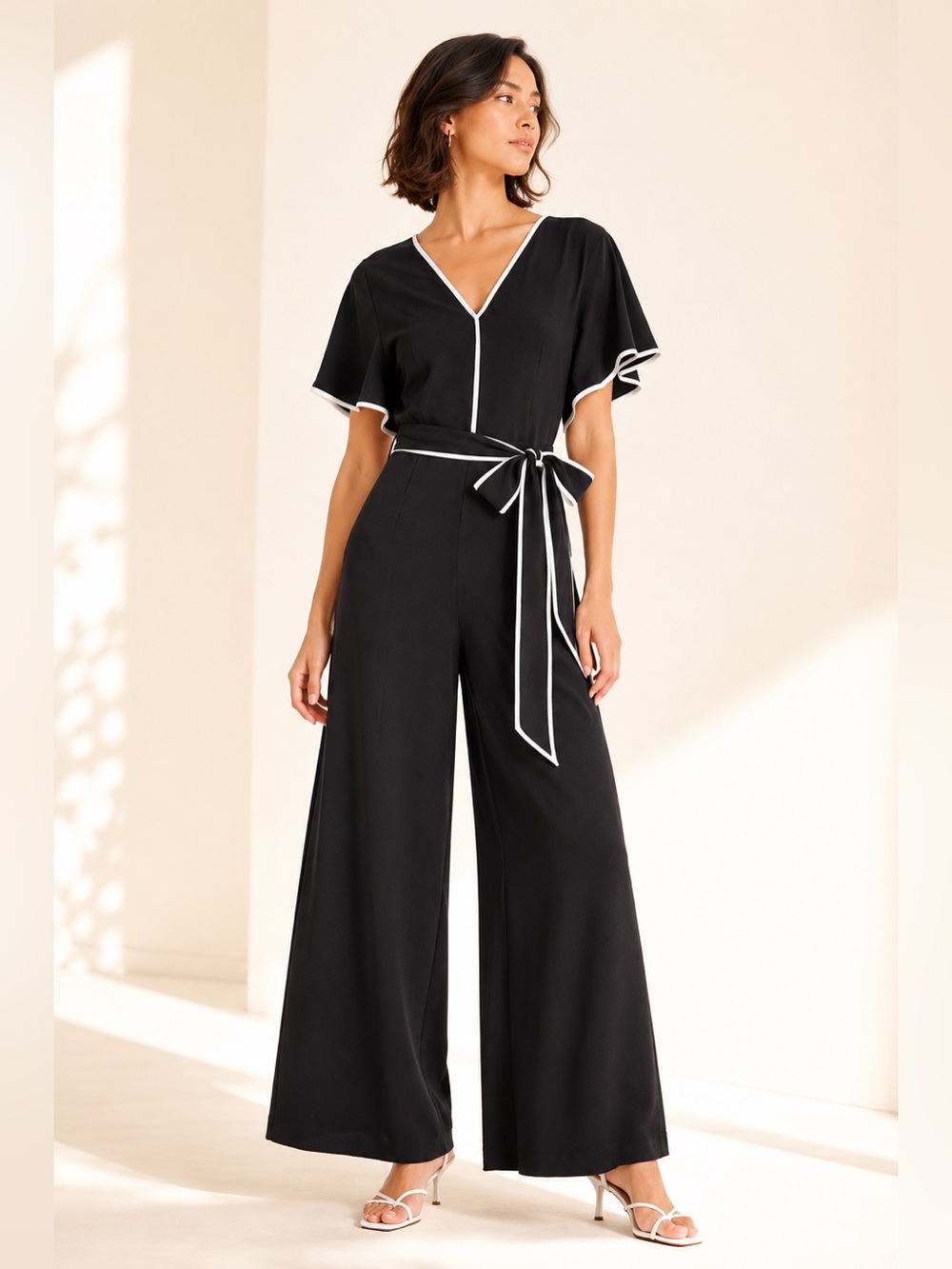 Joseph Ribkoff Wide Leg Japanese Style Cape Sleeve Jumpsuit Belted Size 6